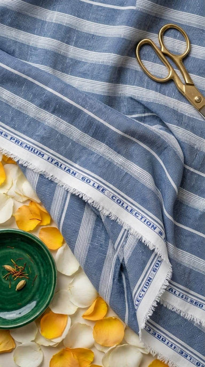 Premium Denim Blue & White Cotton-Linen Striped  60 Lea fabric