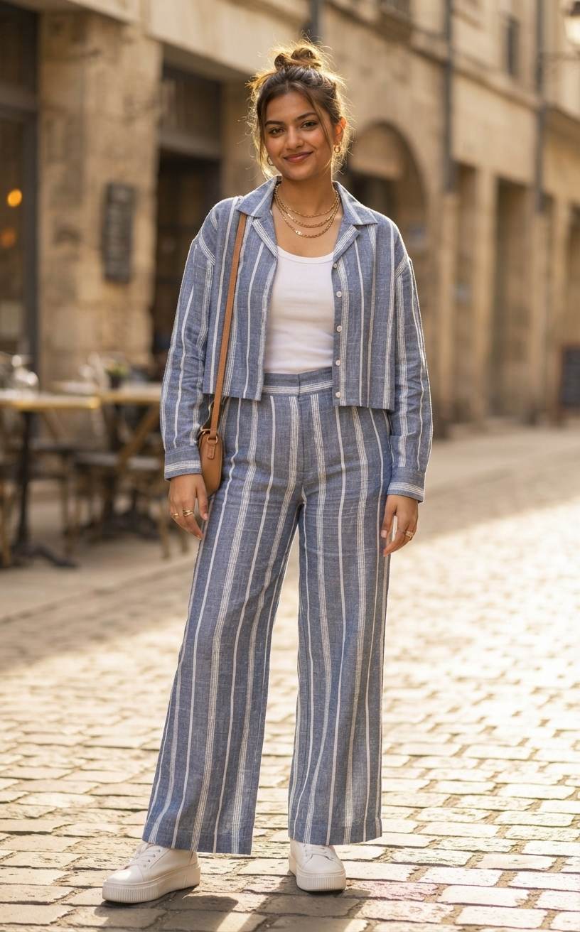 Premium Denim Blue & White Cotton-Linen Striped  60 Lea fabric