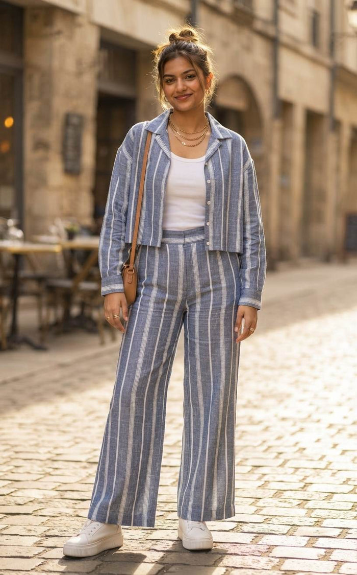 Premium Denim Blue & White Cotton-Linen Striped  60 Lea fabric