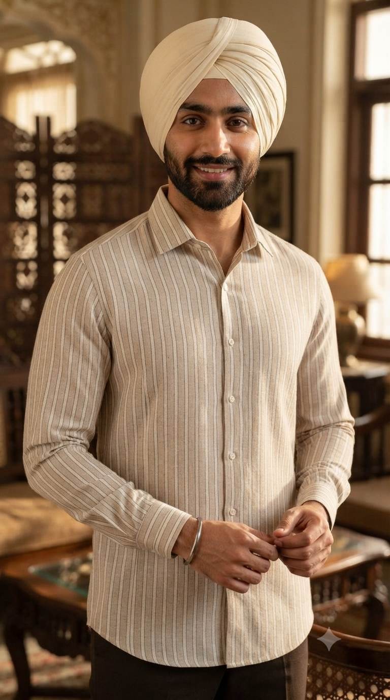 Classic Beige Striped Premium Cotton-Linen 60 Lea Fabric