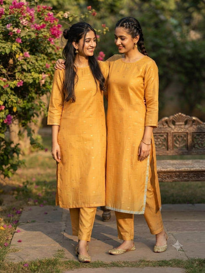Musterd Yellow Woven Golden Motif butti Ensemble Chanderi Fabric