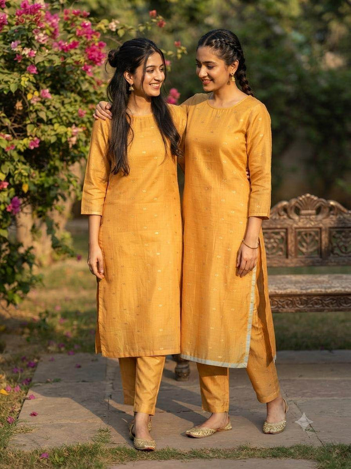 Musterd Yellow Woven Golden Motif butti Ensemble Chanderi Fabric