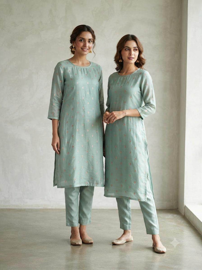 Sage Green Woven Golden Motif butti Ensemble chanderi Fabric