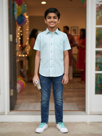 Off white with Aqua Green versatile Striped Shirting Fabric