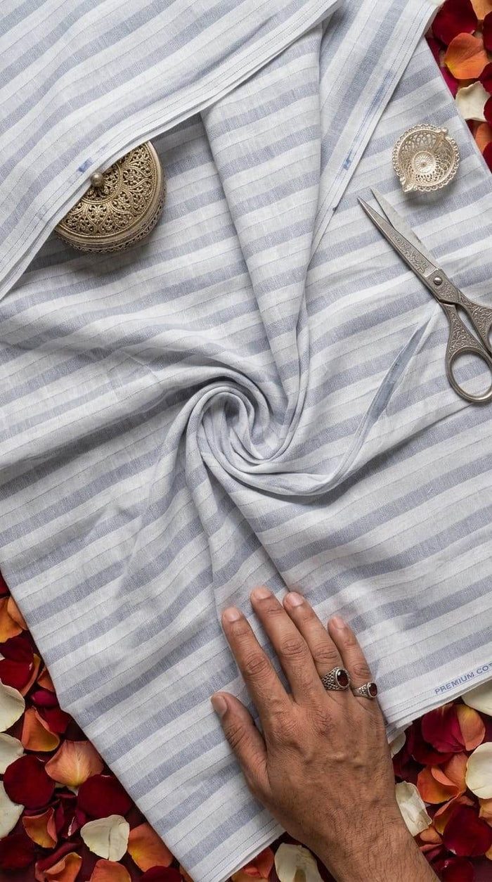 Serene Blue & White Striped Cotton-Linen 60 Lea Fabric