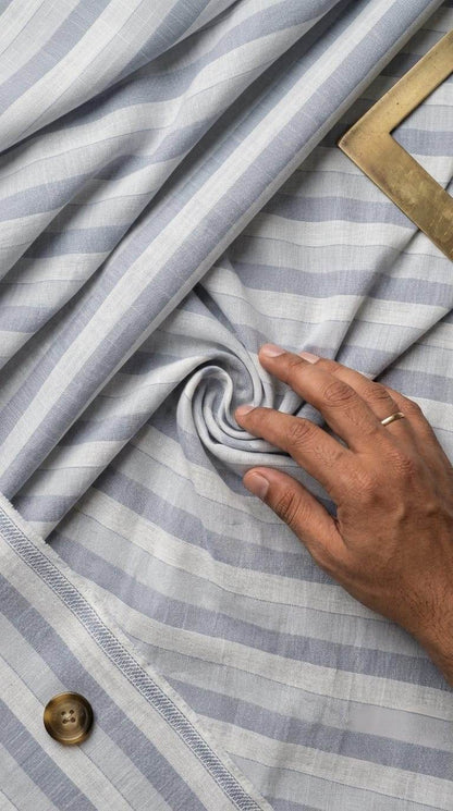 Serene Blue & White Striped Cotton-Linen 60 Lea Fabric