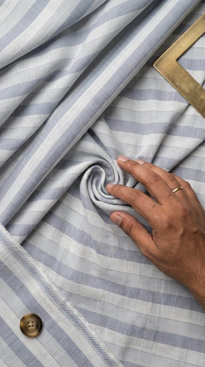 Serene Blue & White Striped Cotton-Linen 60 Lea Fabric