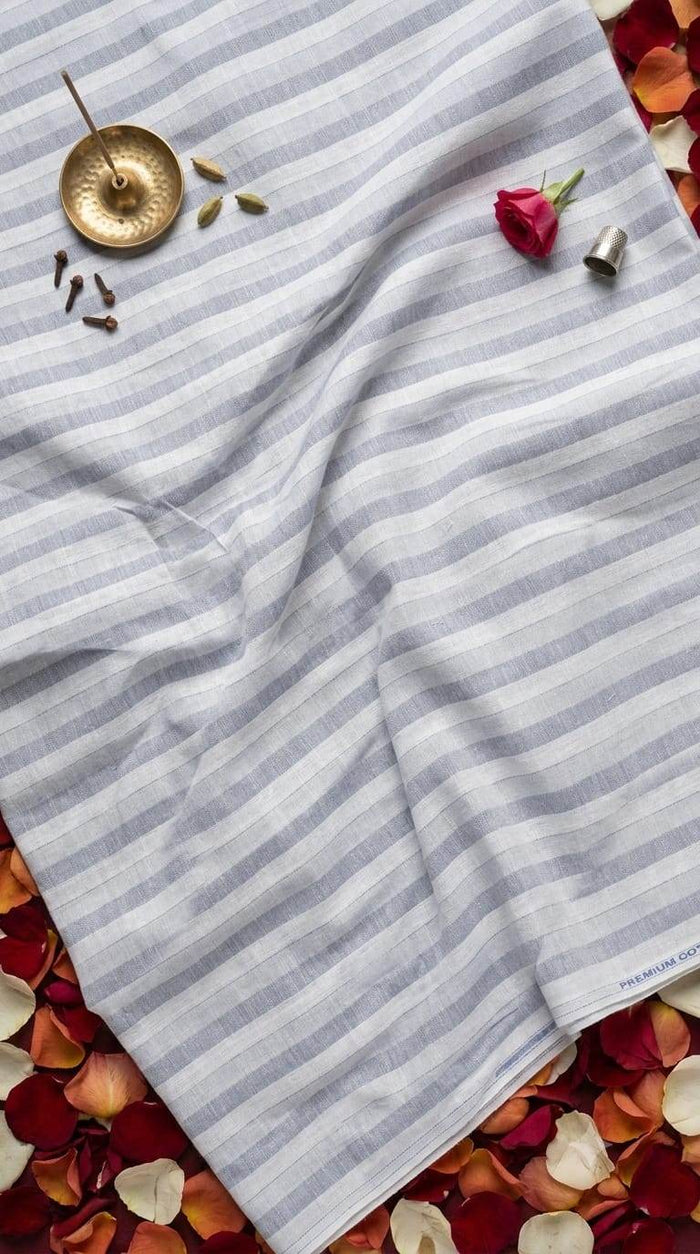 Serene Blue & White Striped Cotton-Linen 60 Lea Fabric