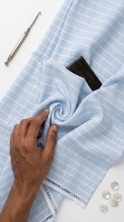 Sky Blue with White stripes Cotton-Linen 60 Lea Fabric