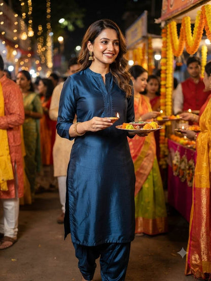 Deep Blue Glossy chanderi Shirting fabric