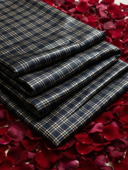 Classic Dark Navy & Cream Checkered  Digital Print Shirting Fabric
