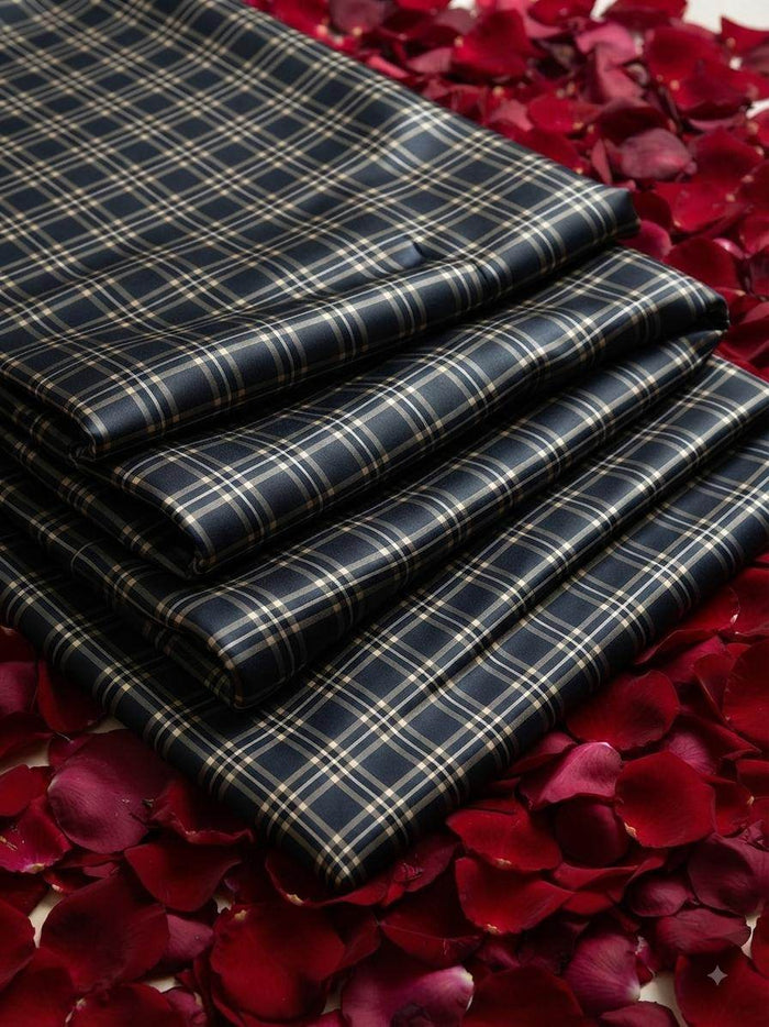 Classic Dark Navy & Cream Checkered  Digital Print Shirting Fabric