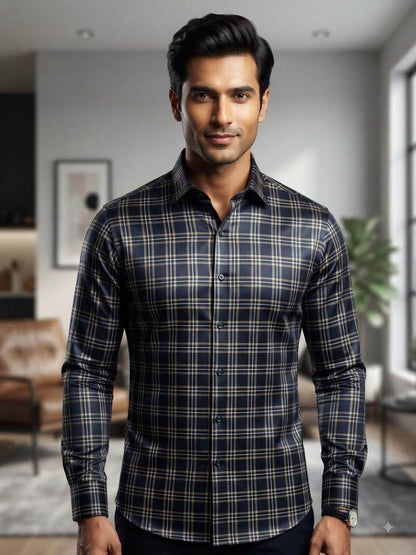 Classic Dark Navy & Cream Checkered  Digital Print Shirting Fabric