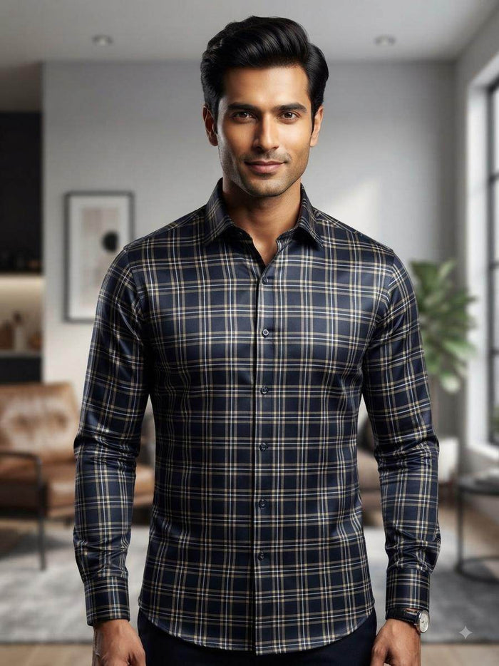 Classic Dark Navy & Cream Checkered  Digital Print Shirting Fabric