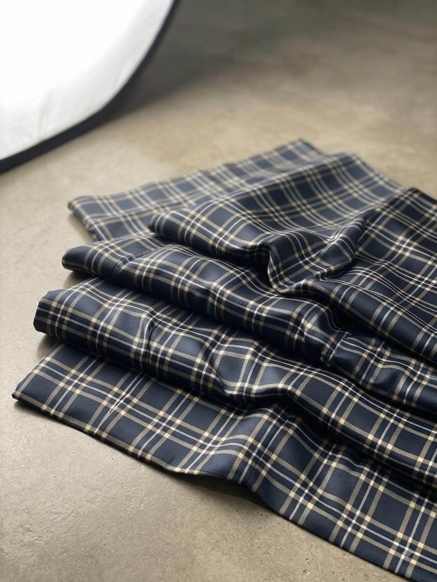 Classic Dark Navy & Cream Checkered  Digital Print Shirting Fabric