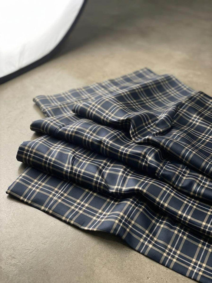 Classic Dark Navy & Cream Checkered  Digital Print Shirting Fabric