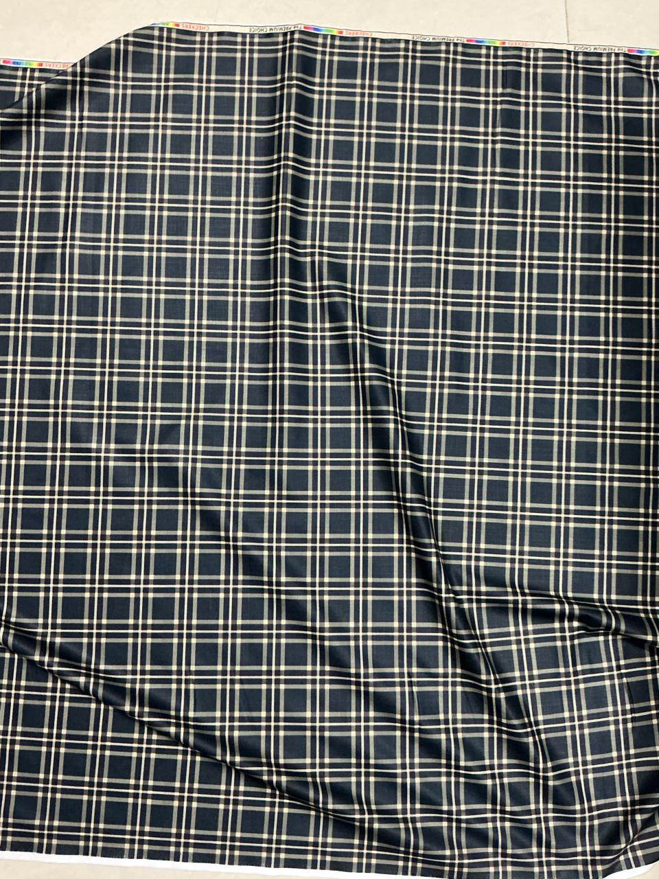 Classic Dark Navy & Cream Checkered  Digital Print Shirting Fabric