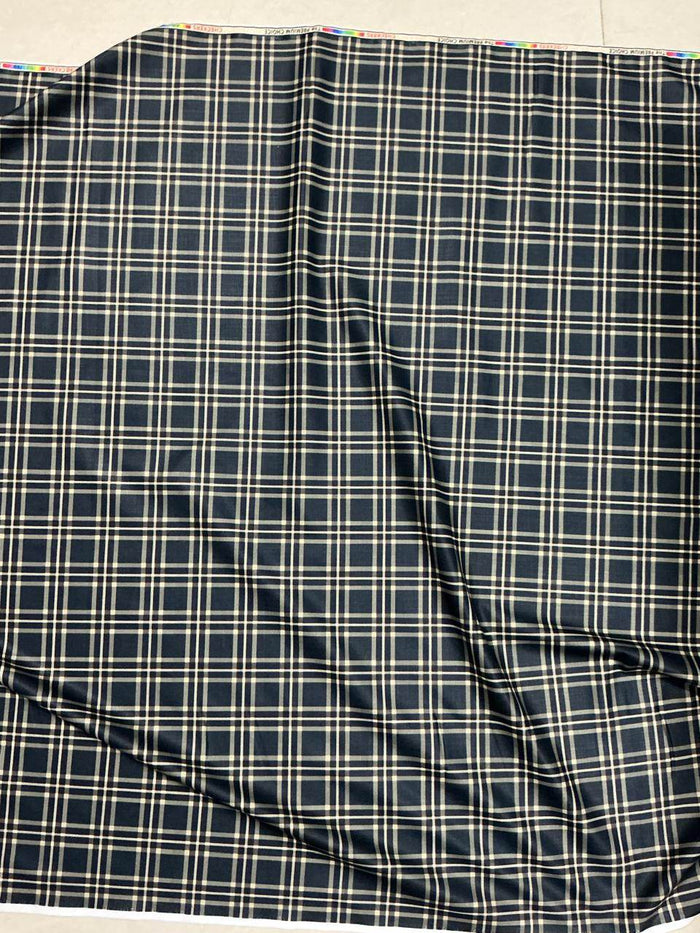 Classic Dark Navy & Cream Checkered  Digital Print Shirting Fabric