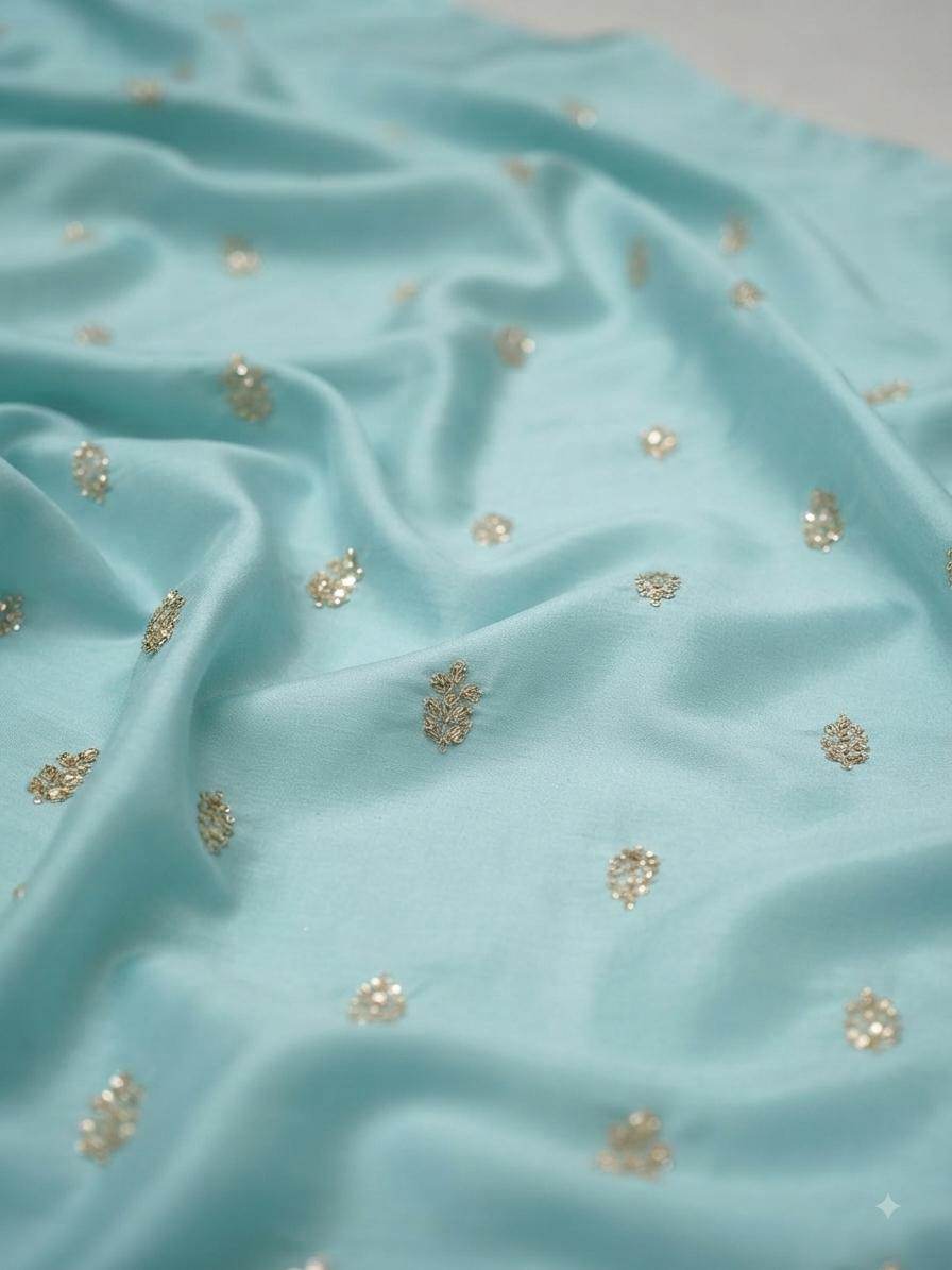 Golden Glitter Thread Embroidered Motifs on Powder Blue Malai Chanderi Silk Fabric