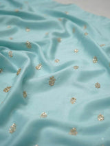 Golden Glitter Thread Embroidered Motifs on Powder Blue Malai Chanderi Silk Fabric