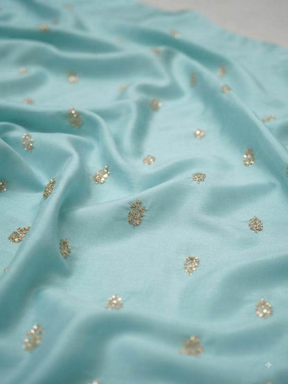 Golden Glitter Thread Embroidered Motifs on Powder Blue Malai Chanderi Silk Fabric