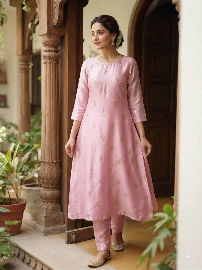 Golden Glitter Thread Embroidered Motifs on Soft Pink Malai Chanderi Silk Fabric