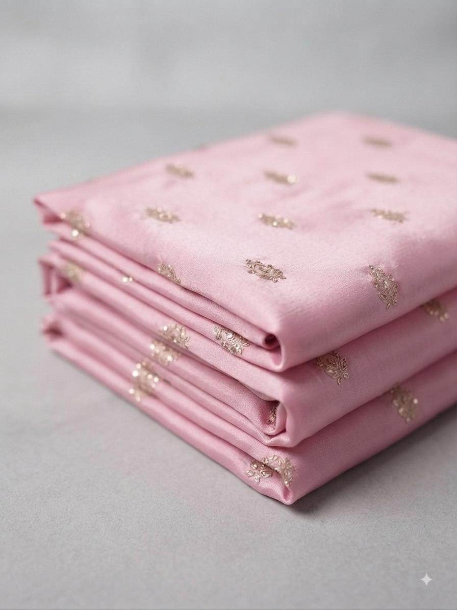 Golden Glitter Thread Embroidered Motifs on Soft Pink Malai Chanderi Silk Fabric