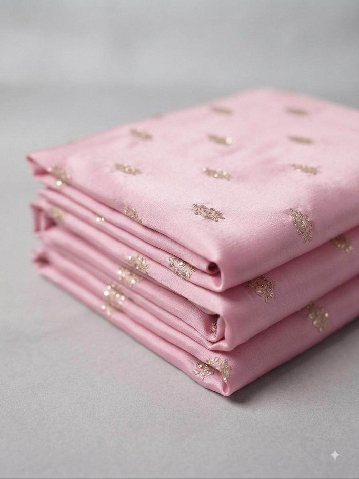 Golden Glitter Thread Embroidered Motifs on Soft Pink Malai Chanderi Silk Fabric