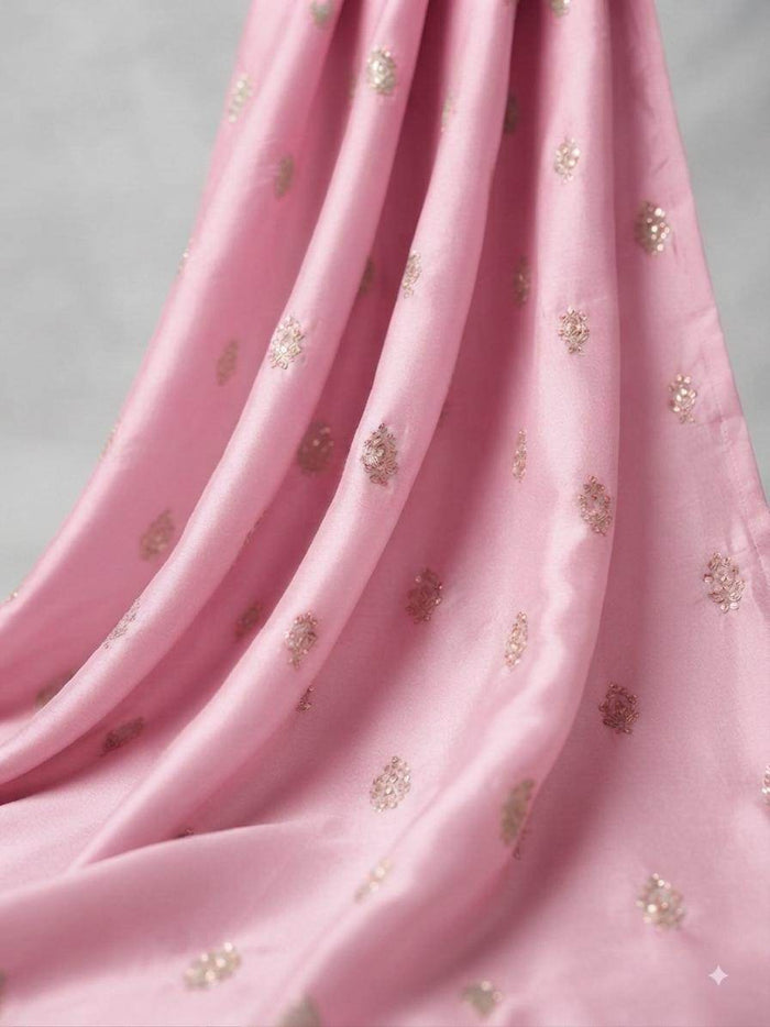 Golden Glitter Thread Embroidered Motifs on Soft Pink Malai Chanderi Silk Fabric