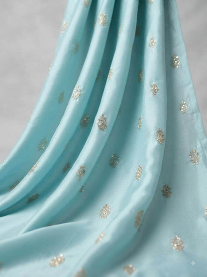 Golden Glitter Thread Embroidered Motifs on Powder Blue Malai Chanderi Silk Fabric