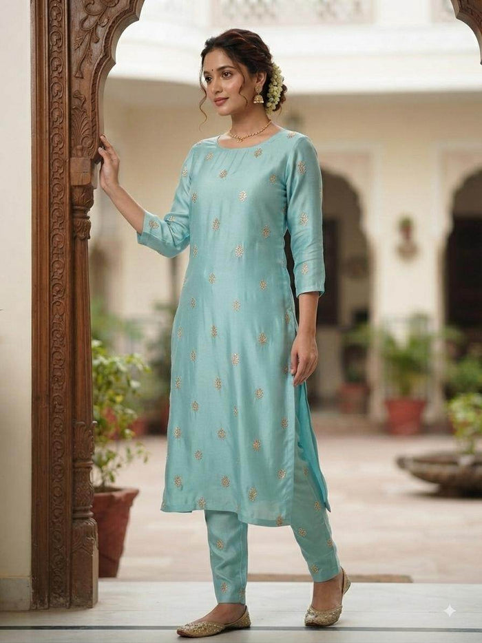 Golden Glitter Thread Embroidered Motifs on Powder Blue Malai Chanderi Silk Fabric