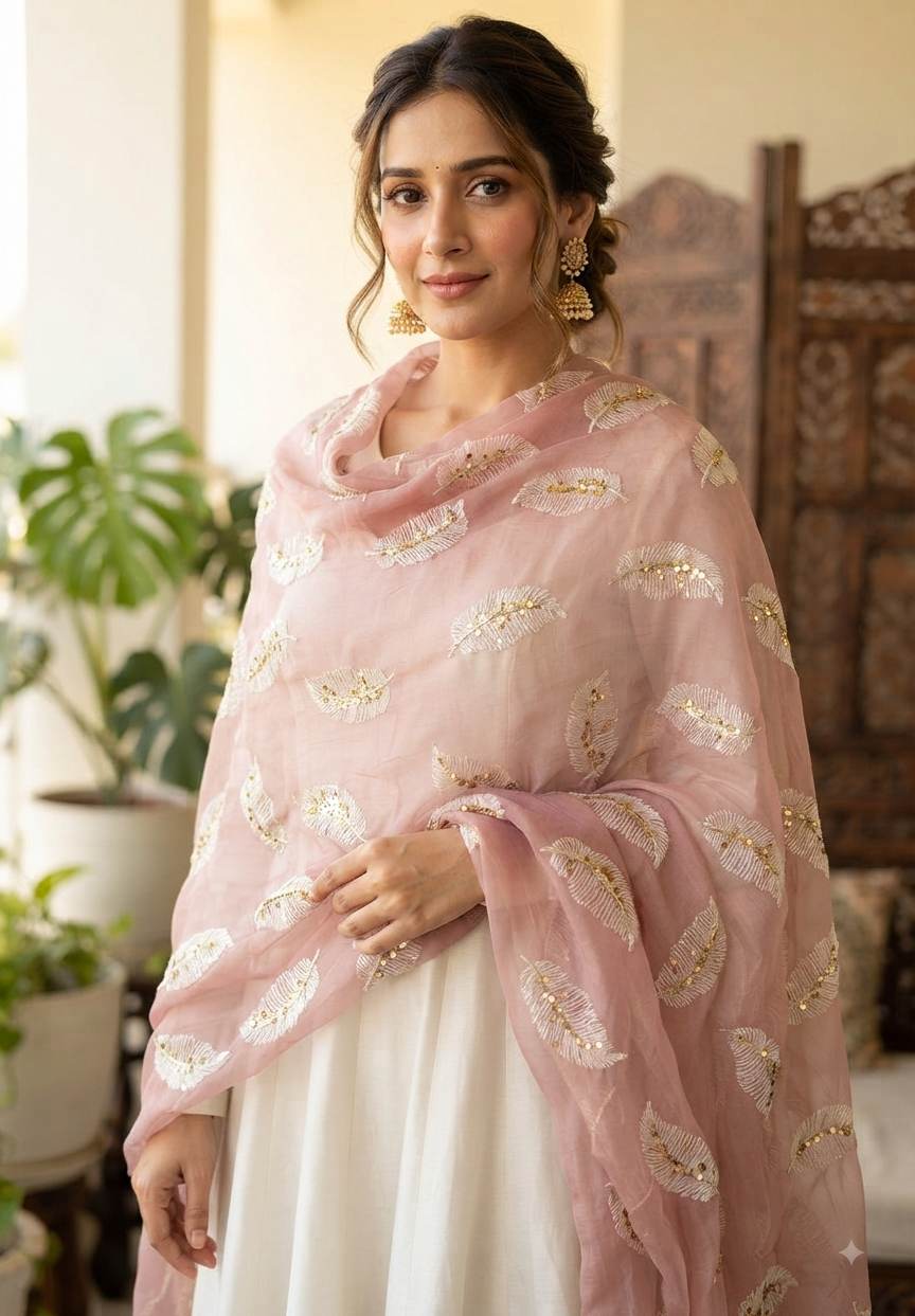 Blush Pink chanderi Fabric with white Leaf & Golden Sequence Motif Embroidery