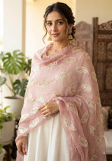 Blush Pink chanderi Fabric with white Leaf & Golden Sequence Motif Embroidery