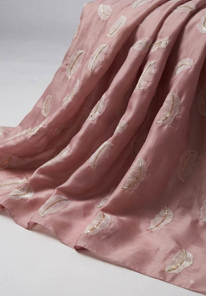 Blush Pink chanderi Fabric with white Leaf & Golden Sequence Motif Embroidery