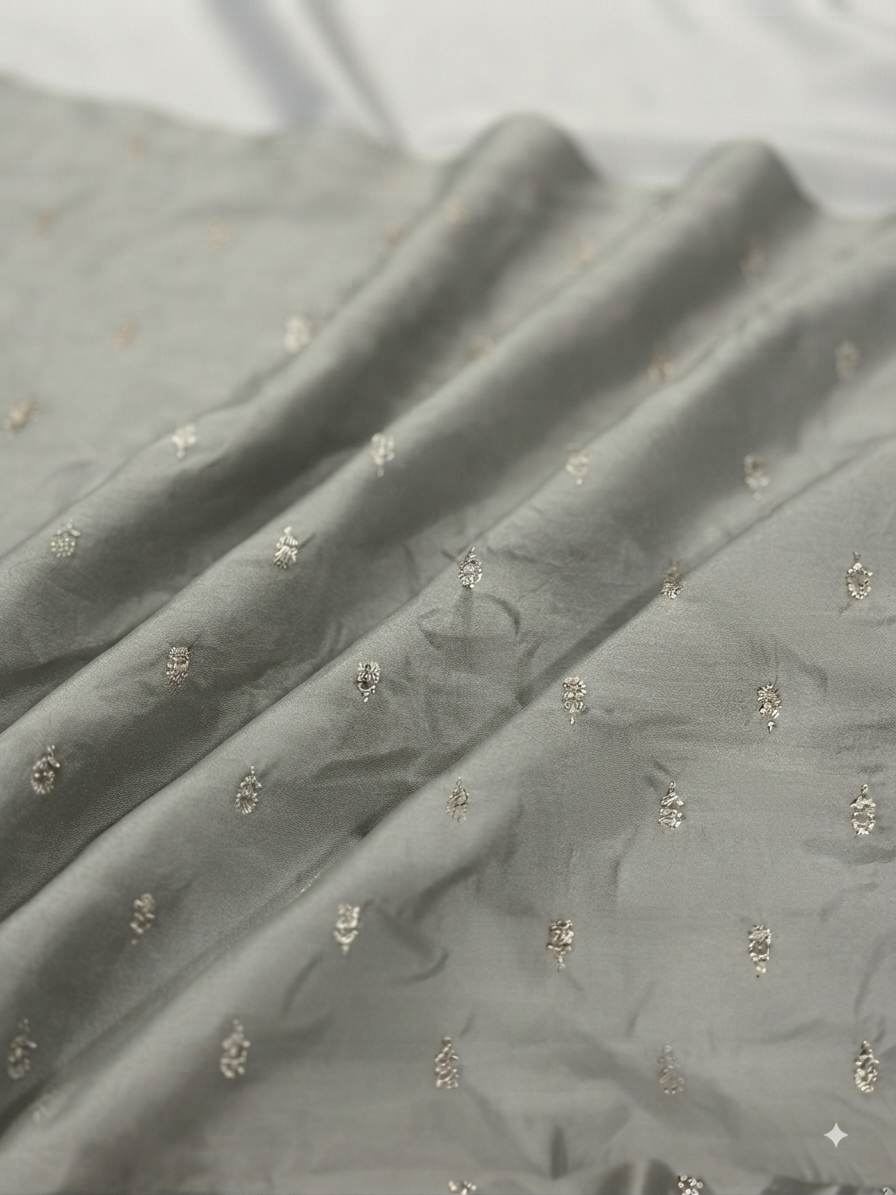 Golden Glitter Thread Embroidered Motifs on Pastel Olive Green Malai Chanderi Silk Fabric