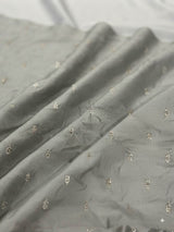 Golden Glitter Thread Embroidered Motifs on Pastel Olive Green Malai Chanderi Silk Fabric