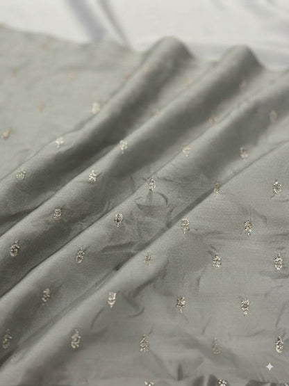 Golden Glitter Thread Embroidered Motifs on Pastel Olive Green Malai Chanderi Silk Fabric