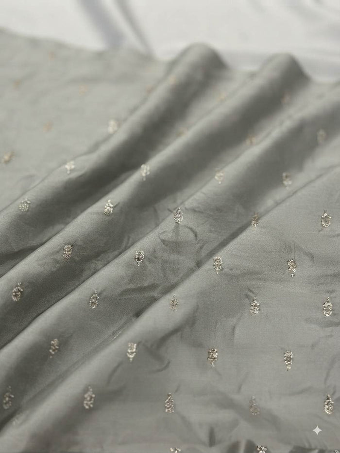 Golden Glitter Thread Embroidered Motifs on Pastel Olive Green Malai Chanderi Silk Fabric