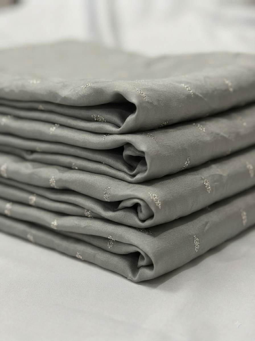 Golden Glitter Thread Embroidered Motifs on Pastel Olive Green Malai Chanderi Silk Fabric