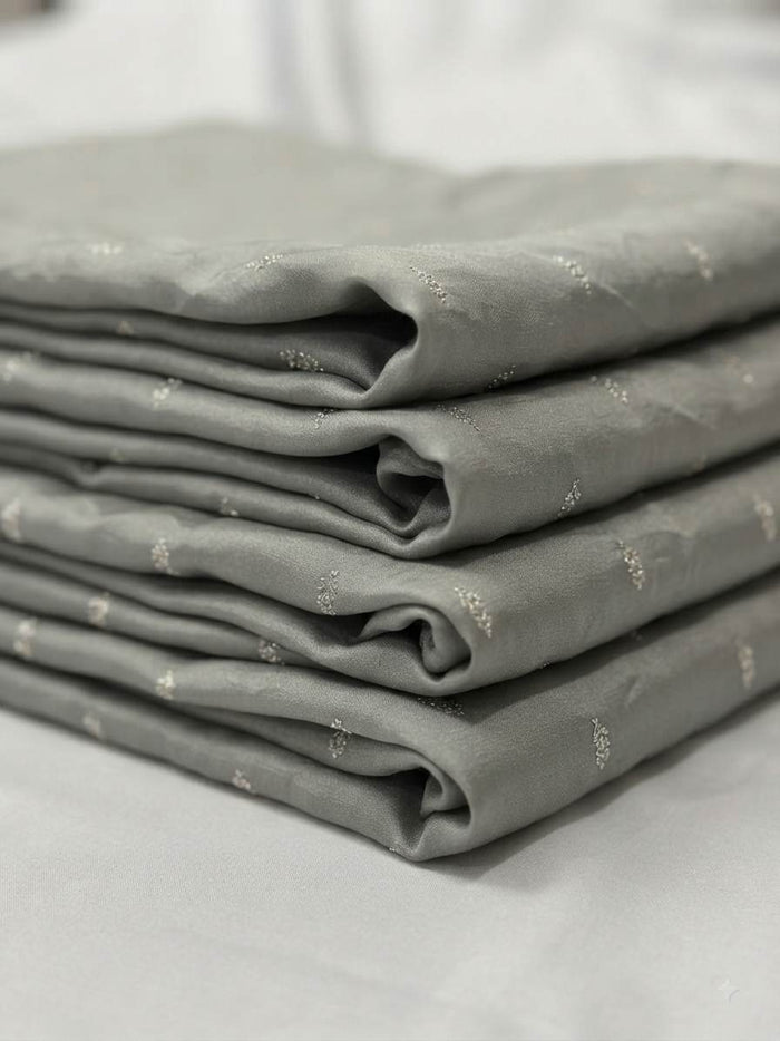 Golden Glitter Thread Embroidered Motifs on Pastel Olive Green Malai Chanderi Silk Fabric