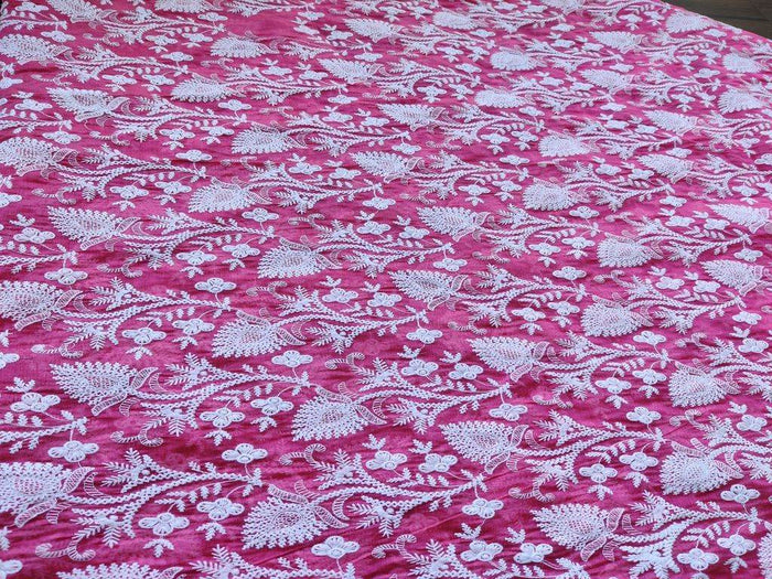 Royal Fuchsia Pink Chikankari Hand-Embroidered Chanderi Fabric - Exquisite Floral Vine Pattern