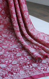 Royal Fuchsia Pink Chikankari Hand-Embroidered Chanderi Fabric - Exquisite Floral Vine Pattern