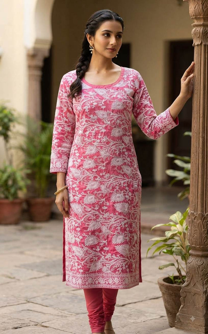 Royal Fuchsia Pink Chikankari Hand-Embroidered Chanderi Fabric - Exquisite Floral Vine Pattern