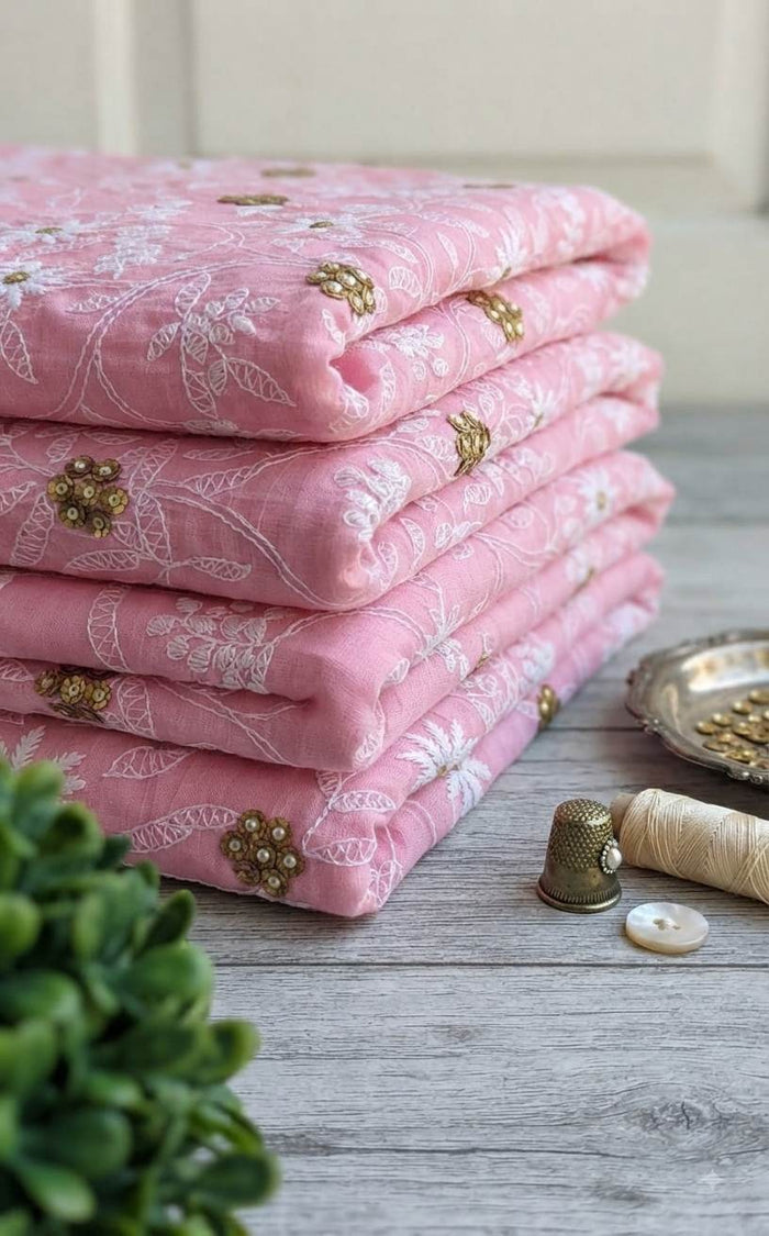 Blush Pink Chanderi Chikankari Fabric with Golden Gotta patti Highlights