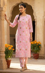 Blush Pink Chanderi Chikankari Fabric with Golden Gotta patti Highlights