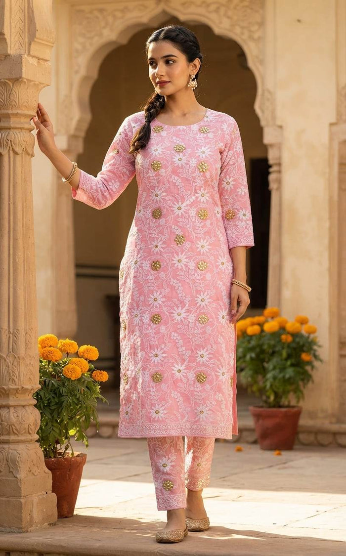 Blush Pink Chanderi Chikankari Fabric with Golden Gotta patti Highlights