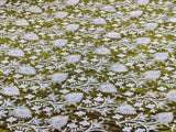 Yellowish Green- White Flowers Embroidered Chikankari Chanderi Fabric