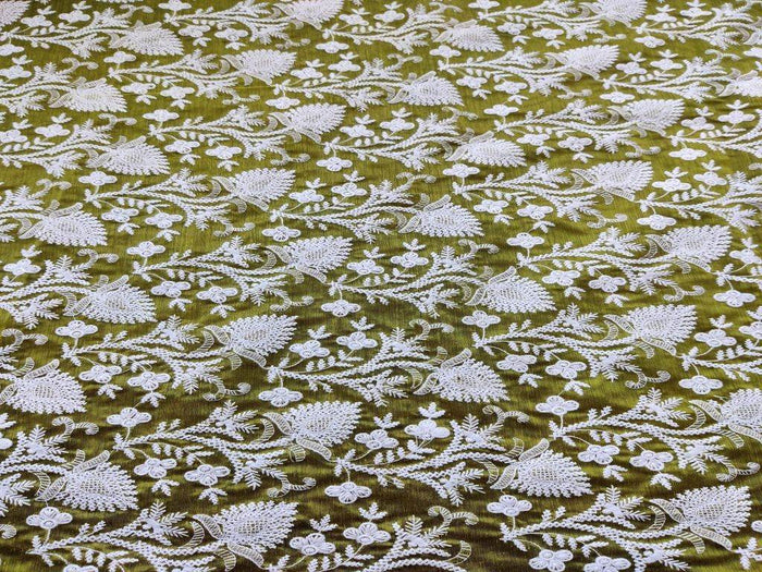 Yellowish Green- White Flowers Embroidered Chikankari Chanderi Fabric