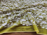 Yellowish Green- White Flowers Embroidered Chikankari Chanderi Fabric