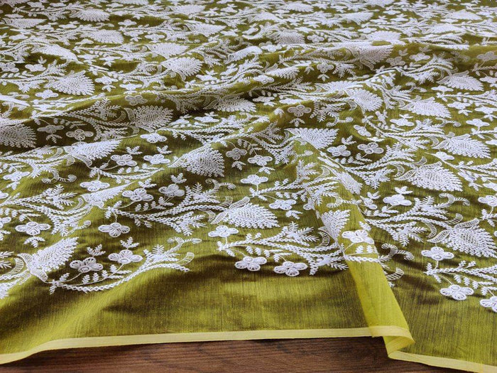 Yellowish Green- White Flowers Embroidered Chikankari Chanderi Fabric
